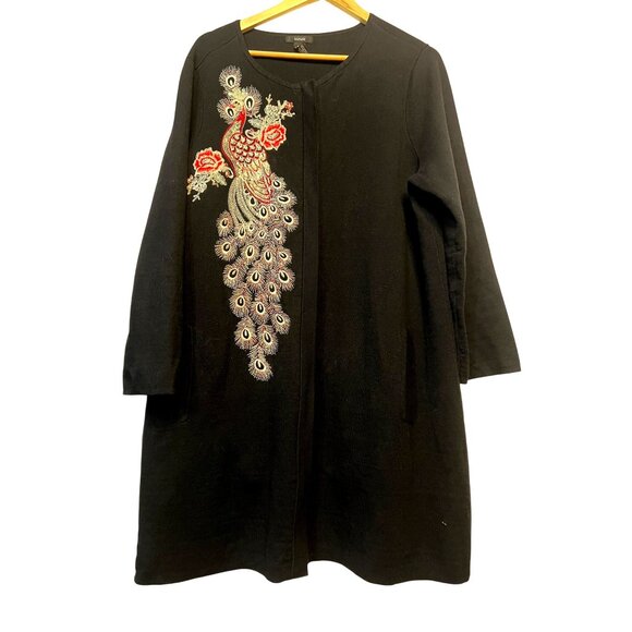 Alfani Women's Black Embroidered Peacock Cardigan Coat XXL Duster Pockets Zip - Picture 1 of 16